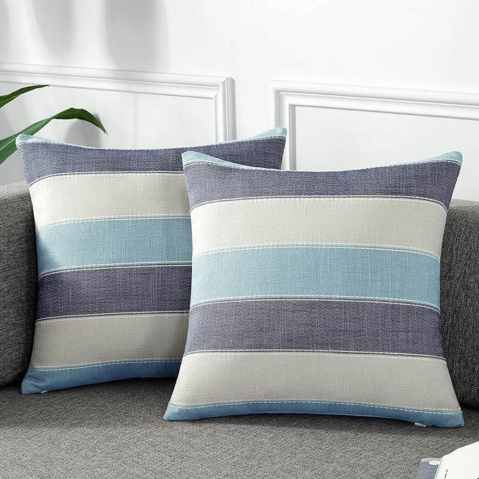 Pack of 2 Farmhouse Stripe Check Throw Pillow Covers Set Case Cotton Linen Decorative Pillowcases Cushion Cover for Couch Bench Sofa 20x20Inch Blue Beige