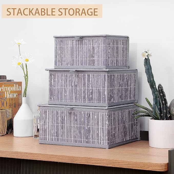 Honygebia Bamboo Decorative Storage Boxes - Set of 3 Woven Lined Storage Basket with Lids, Grey Marble Wicker Lidded Baskets for Home Kitchen Shelf Organizer Decor