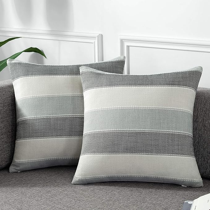 Pack of 2 Farmhouse Stripe Check Throw Pillow Covers Set Case Cotton Linen Decorative Pillowcases Cushion Cover for Couch Bench Sofa 20x20Inch Dark Grey Beige
