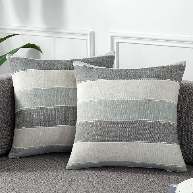 Pack of 2 Farmhouse Stripe Check Throw Pillow Covers Set Case Cotton Linen Decorative Pillowcases Cushion Cover for Couch Bench Sofa 18x18Inch Dark Grey Beige