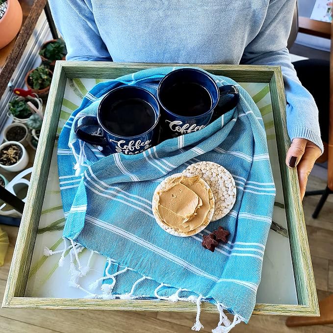 Cacala 100% Turkish Cotton Kitchen Tea Towels, Highly Absorbent Luxury Soft Quick Drying Dish Towel with Hanging Loop for Gym, Yoga, Bath, Sports, Cleaning and Kitchen (23 x 36), Turquoise Blue