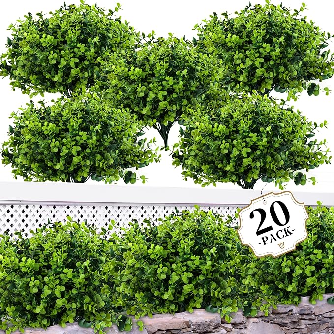 ColoPlay 20 Bundles Artificial Greenery Boxwood Plants, Fake Outdoor Plants | Artificial Plants Outdoor/Indoor, Fake Plant for Ouside Garden Porch, Window Box, Home Wedding, Farmhouse