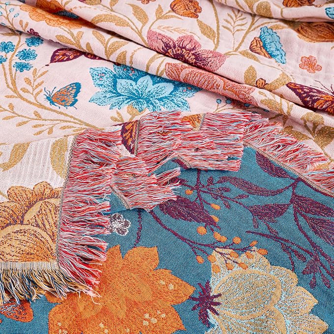VANJOROY Boho Throw Blanket, 100% Organic Cotton Breathable Ultra Soft 60" x 80" Bed Quilt Throw - All Season Floral Rustic Farmhouse Decor Luxury Reversible Blanket for Sofa Couch Chair and Gift