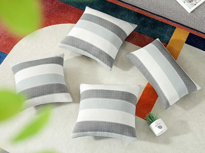 Pack of 2 Farmhouse Stripe Check Throw Pillow Covers Set Case Cotton Linen Decorative Pillowcases Cushion Cover for Couch Bench Sofa 20x20Inch Dark Grey Beige