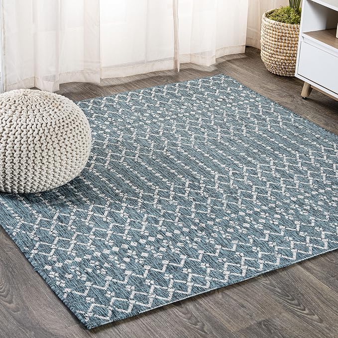 JONATHAN Y Moroccan Geometric Indoor Outdoor Square Area Rug 4X4 Teal/Gray, Ourika Textured Weave for Backyard, Patio, Porch, Easy-Cleaning, High Traffic, Pet-Friendly, Non-Shedding (SMB108C-4SQ)