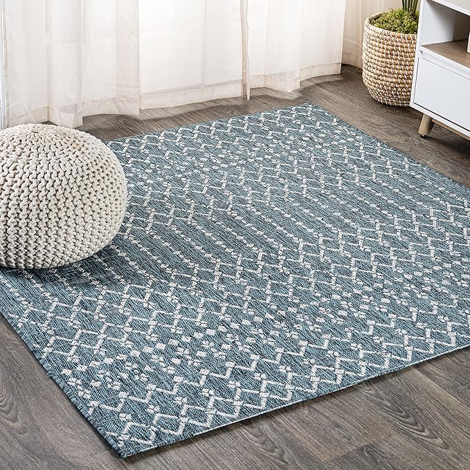 JONATHAN Y Moroccan Geometric Indoor Outdoor Square Area Rug 5X5 Teal/Gray, Ourika Textured Weave for Backyard, Patio, Porch, Easy-Cleaning, High Traffic, Pet-Friendly, Non-Shedding (SMB108C-5SQ)