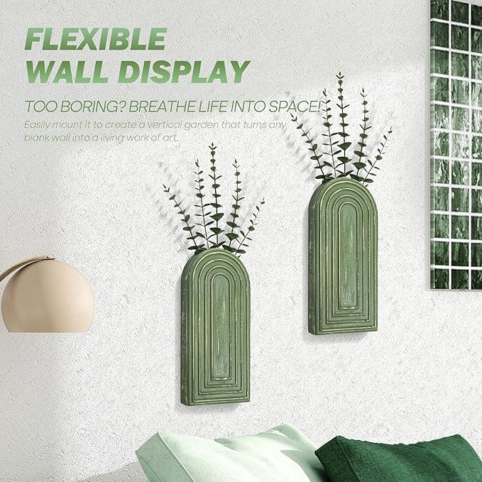 EOSAHR Wall Vase for Flower: Wall Planter Holder for Boho Wall Decor, Green | 2Pcs, Pine Wood, 3D Embossed Lines, Round Corner Design, for Both Wall & Desktop, Green Wall Decor, Wall Art for Bedroom