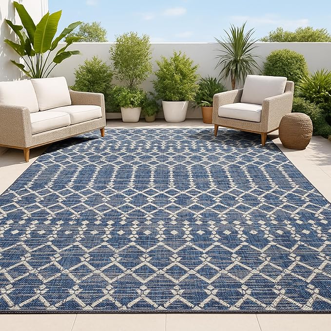 JONATHAN Y Moroccan Geometric Indoor Outdoor Area Rug 10X14 Navy/Beige, Ourika Textured Weave for Backyard, Patio, Porch, Easy-Cleaning, High Traffic, Pet-Friendly, Non-Shedding (SMB108K-14)