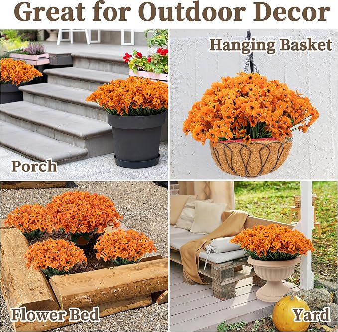 ColoPlay Artificial Mums for Outdoors, 24 Bundles Fake Flowers Fall Decor | Fake Fall Flowers Faux Mums for Outdoor Planters, UV Resistant Artificial Plants for Home Garden Porch Farmhouse(Orange)