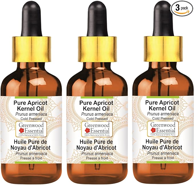 Greenwood Essential Pure Apricot Kernel Oil (Prunus armeniaca) with Glass Dropper Cold Pressed (Pack of Three) 100ml X 3 (10 oz)