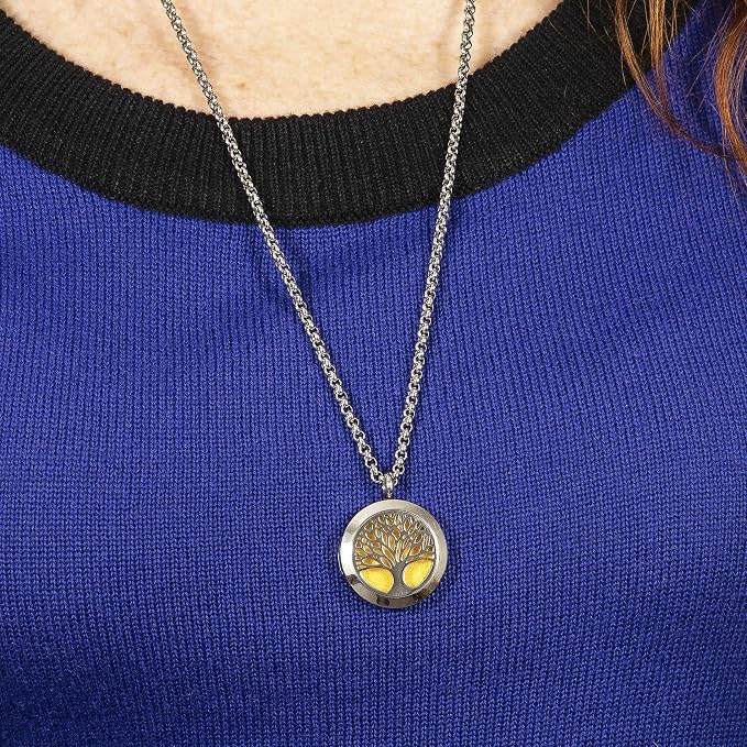Tree of Life and Open Lotus Essential Oil Diffuser Necklace Stainless Steel Pendants with 24" Chains + 12 Refill Pads