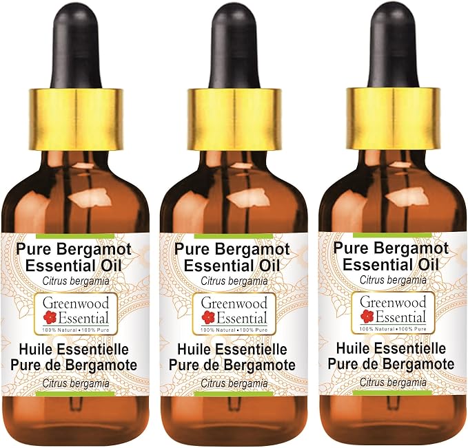 Greenwood Essential Pure Bergamot Essential Oil (Citrus bergamia) with Glass Dropper Steam Distilled (Pack of Three) 100ml X 3 (10 oz)