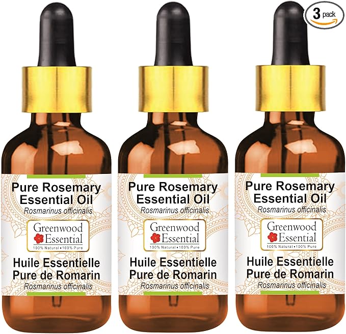 Greenwood Essential Pure Rosemary Essential Oil (Rosmarinus officinalis) with Glass Dropper Steam Distilled (Pack of Three) 100ml X 3 (10.1oz)
