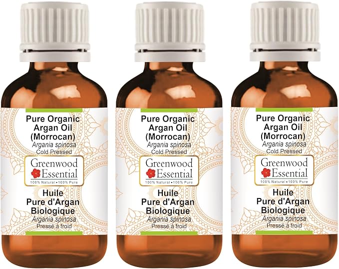 Greenwood Essential Pure Organic Argan (Moroccan) Oil (Argania spinosa) Cold Pressed (Pack of Three) 100ml X 3 (10 oz)