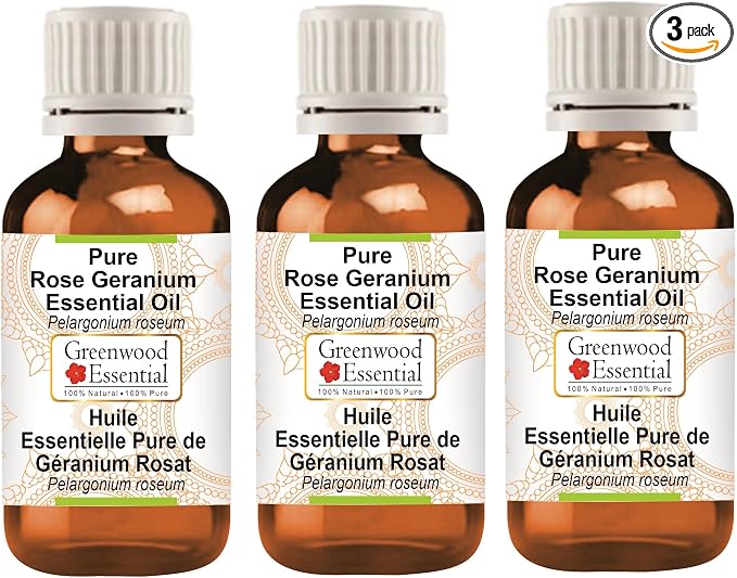 Greenwood Essential Pure Rose Geranium Essential Oil (Pelargonium roseum) Steam Distilled (Pack of Three) 100ml X 3 (10.1oz)